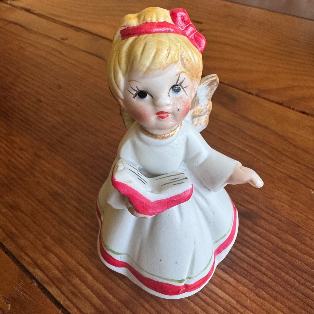 Vintage Ceramic Angel Figurine Blonde Hair Red Bow Singing Hymnal Taiwan 3.5in